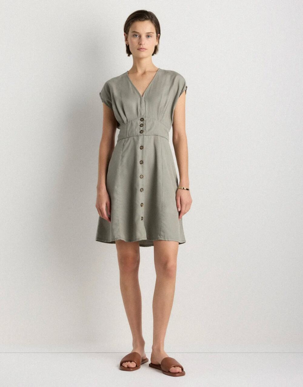 NWT Quince Women's Vintage Wash Olive Green 100% Tencel™ Button Down Dress - L